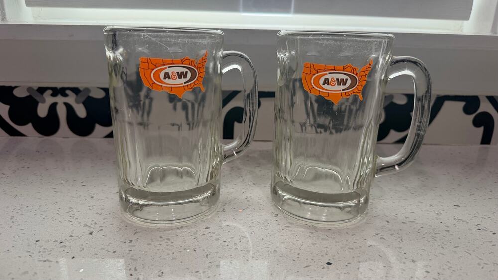Vintage A&W Root Beer Glass Mugs Set of 2 Orange USA Map Logo Heavy Glass